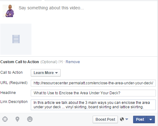 Learn More Call to Action with the URL details that can be Edited before Posting