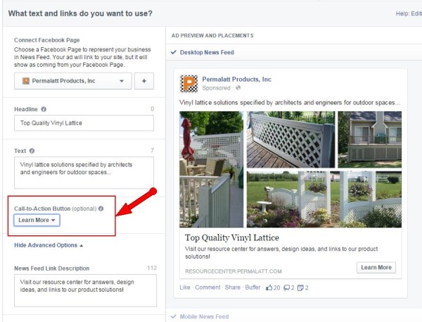 permalatt facebook ad cta