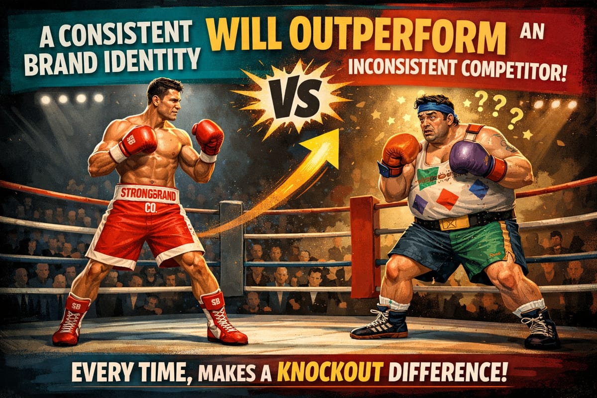 Consistent brand identity boxer vs inconsistent competitor in boxing ring graphic for small business branding guide.