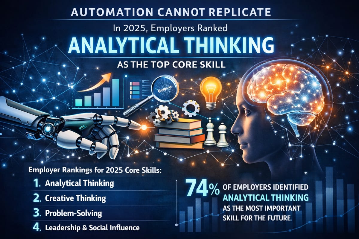 Analytical thinking ranked top core skill 2025, automation cannot replicate, employers identify future career growth skills