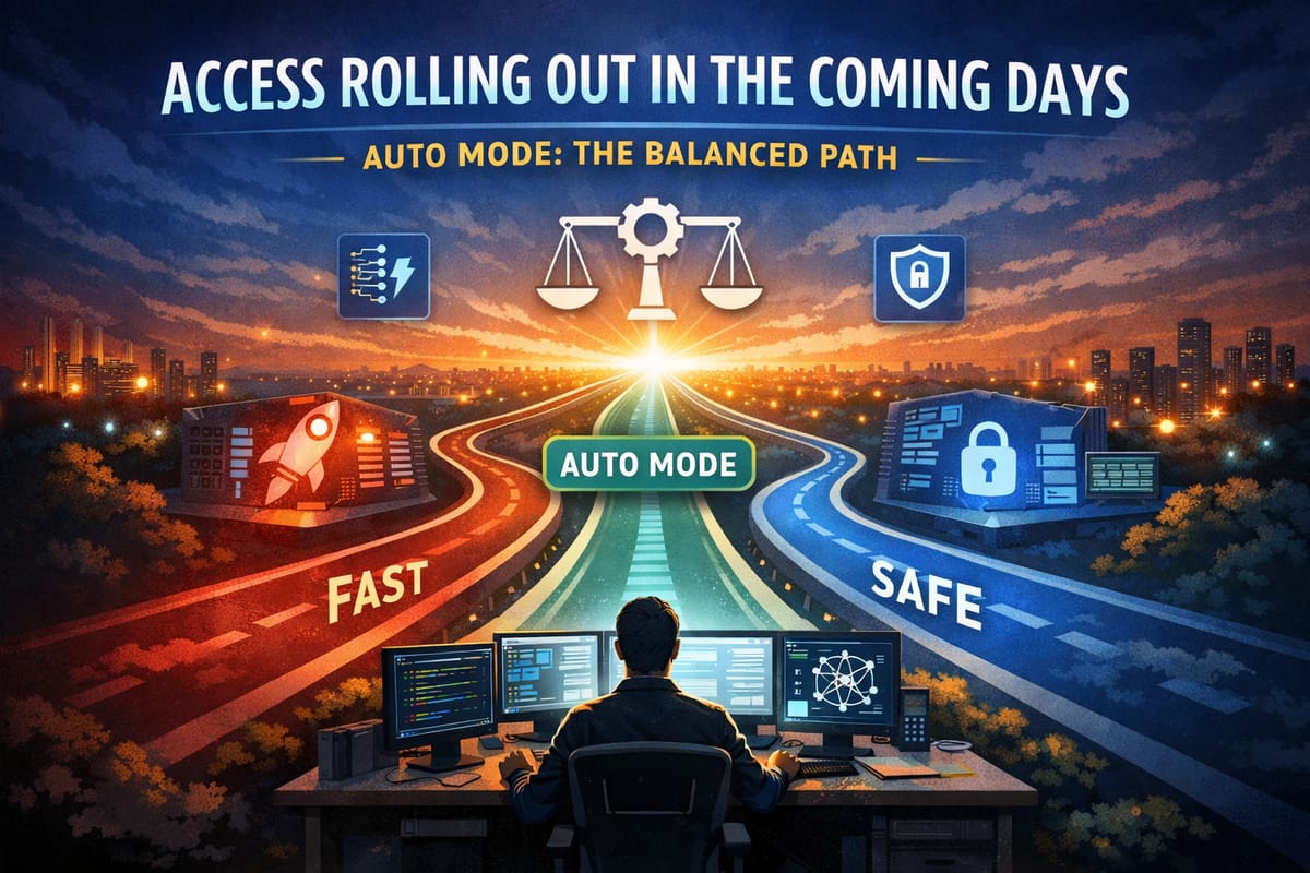 Claude Auto Mode balanced path: fast performance vs safe security with AI automation control interface