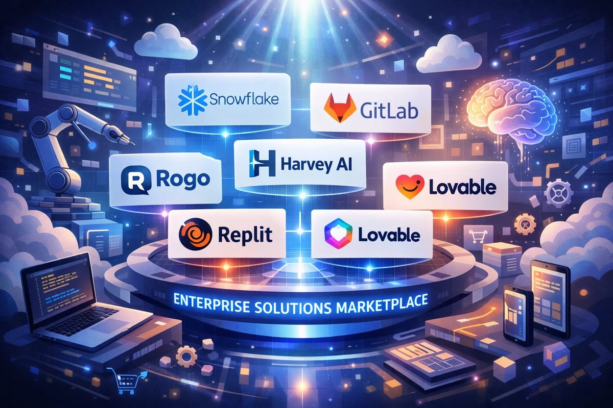 Enterprise solutions marketplace featuring Snowflake, GitLab, Harvey AI, Rogo, Replit, and Lovable platforms in cloud comp...