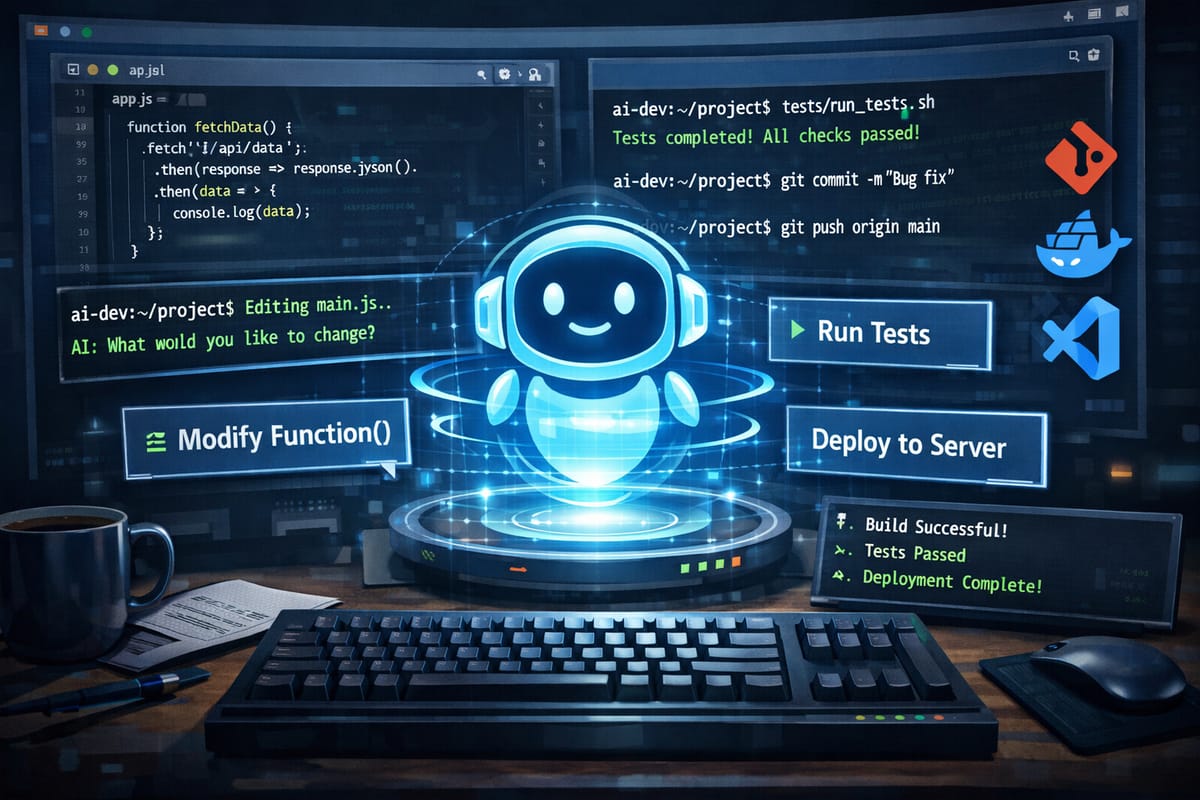 AI coding assistant automates development workflow with code editing, testing, and deployment automation on developer work...