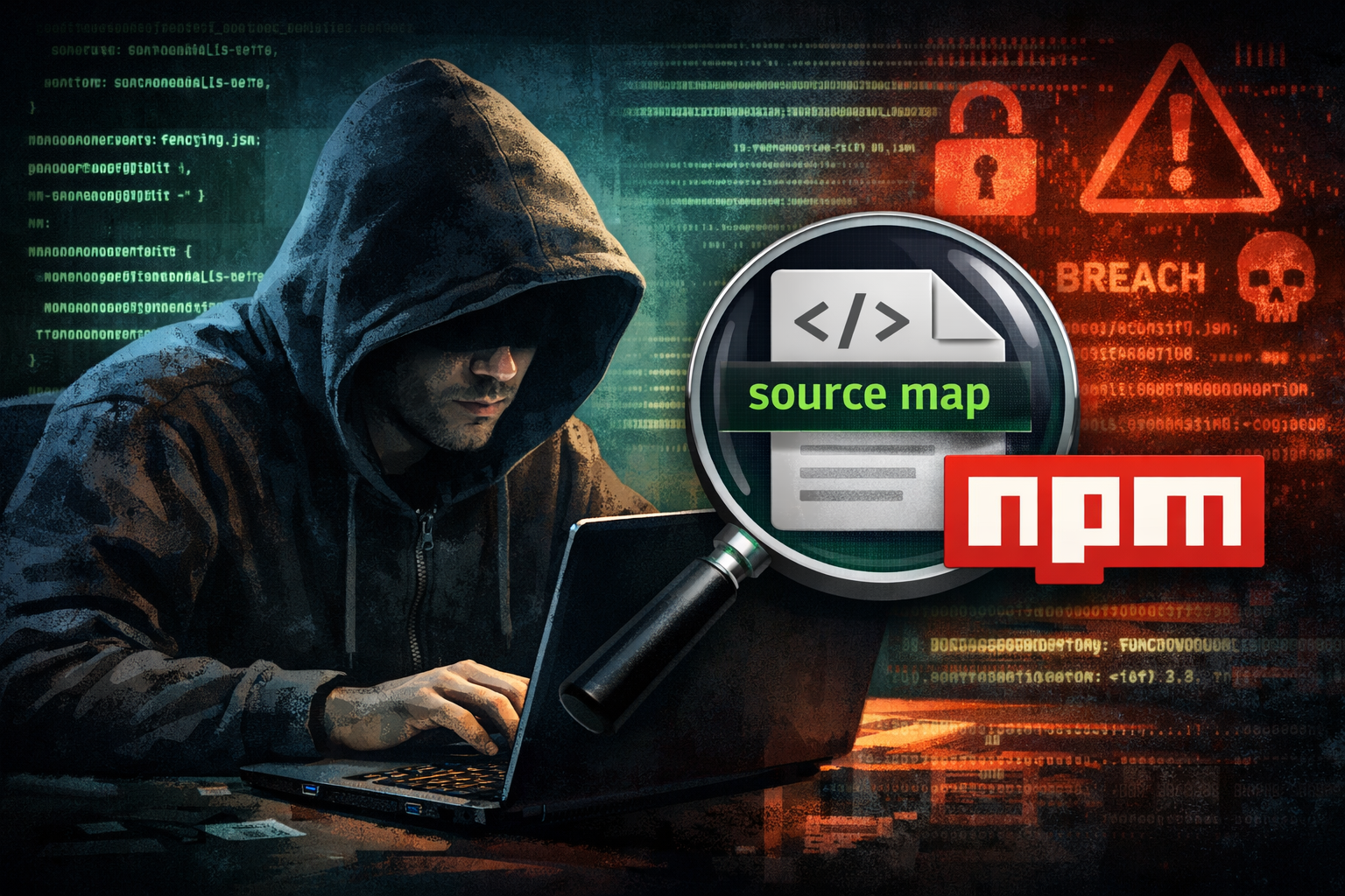 Hacker with laptop breaching npm source code, illustrating security vulnerability in Claude Code leak incident