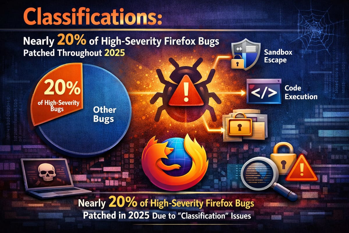 Firefox security vulnerabilities chart showing 20% high-severity bugs patched in 2025 with classifications for sandbox esc...