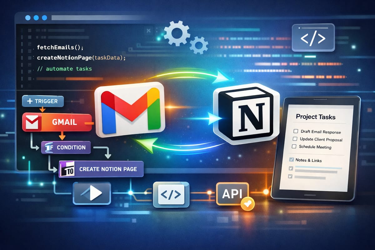 Gmail to Notion automation workflow with API integration for enterprise task management and email automation systems.