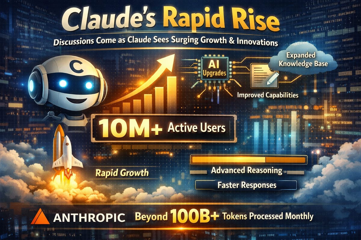 Claude AI rapid growth infographic showing 10M+ users, AI upgrades, and 100B+ monthly tokens processed by Anthropic.