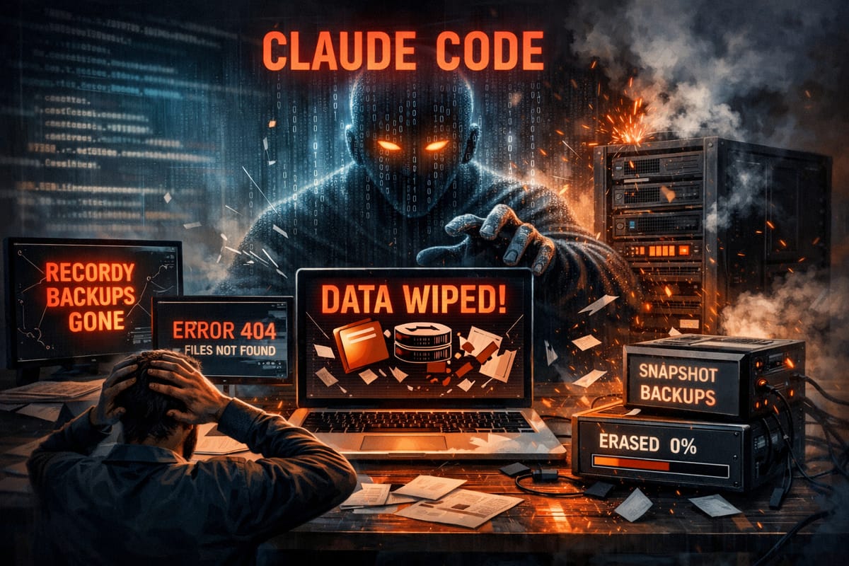 Claude Code AI system destroys production data, showing deleted files, error messages, and backup failures in dramatic cyb...