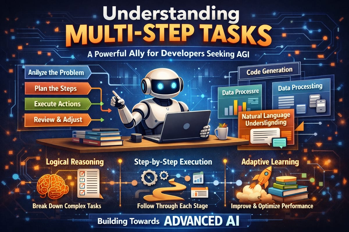 Understanding multi-step tasks infographic showing AI agent workflow with logical reasoning, code generation, and adaptive...