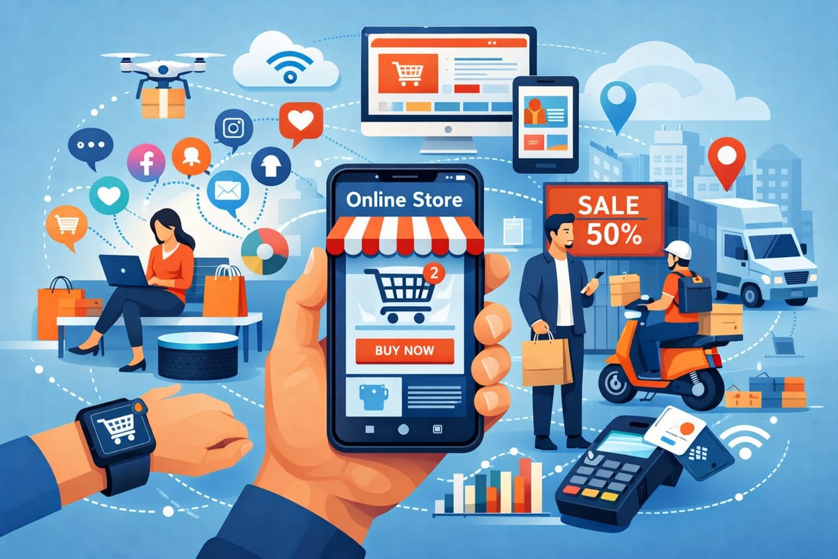 E-commerce illustration showing online shopping with AI, mobile app, delivery, social media integration, and digital payme...
