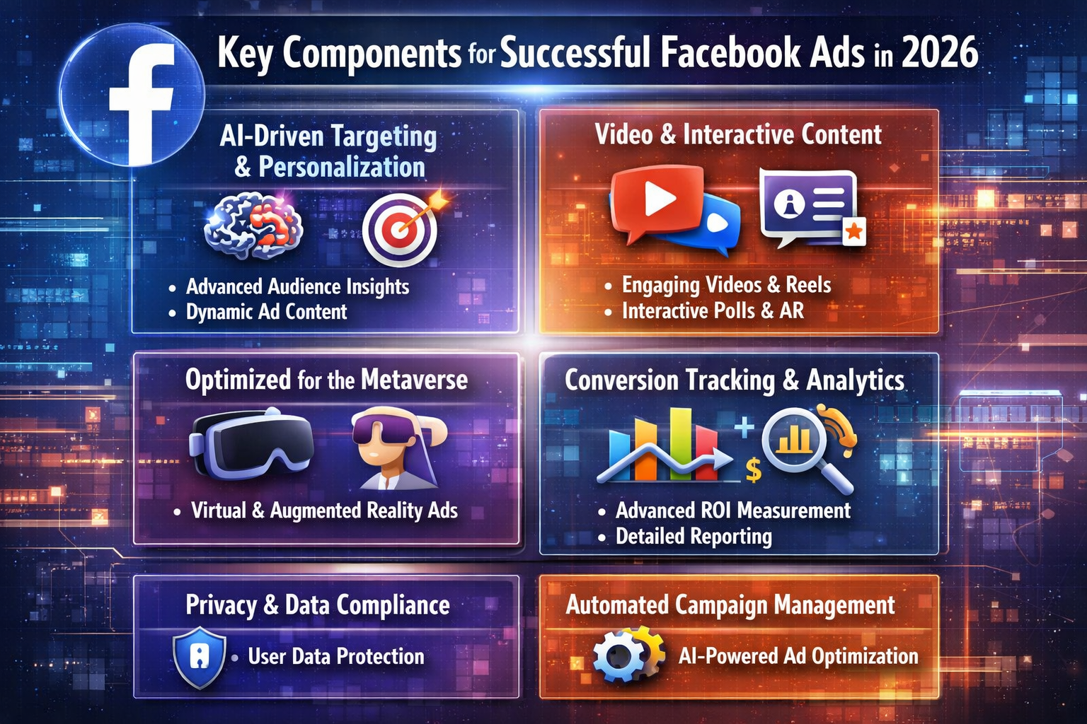 Facebook Ads 2026 key components: AI targeting, video content, metaverse optimization, analytics, compliance, and automate...