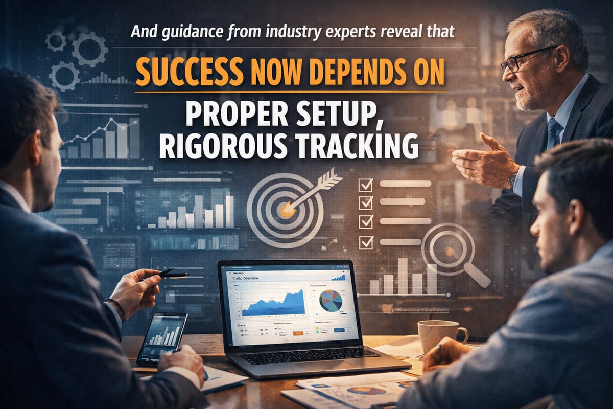 Business team discussing Google Ads tracking setup with analytics dashboard, charts, and performance metrics on laptop scr...