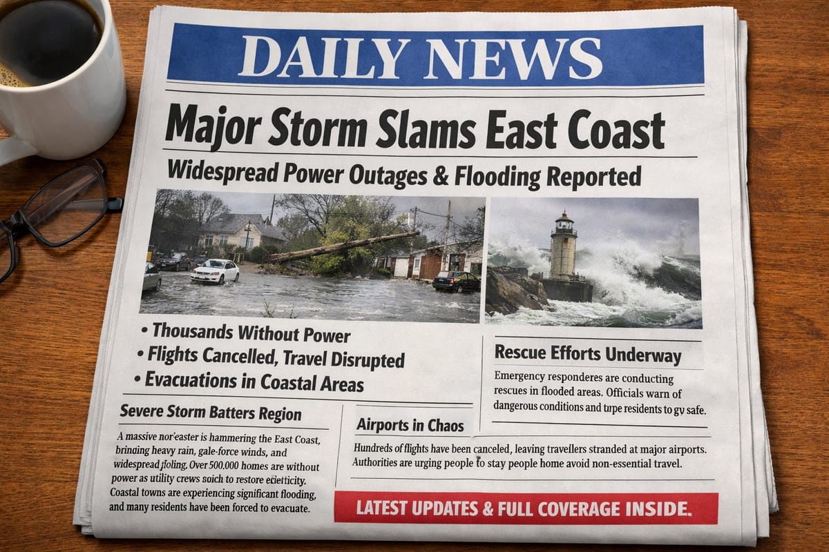 Major East Coast storm newspaper headline with power outages and flooding coverage on wooden desk