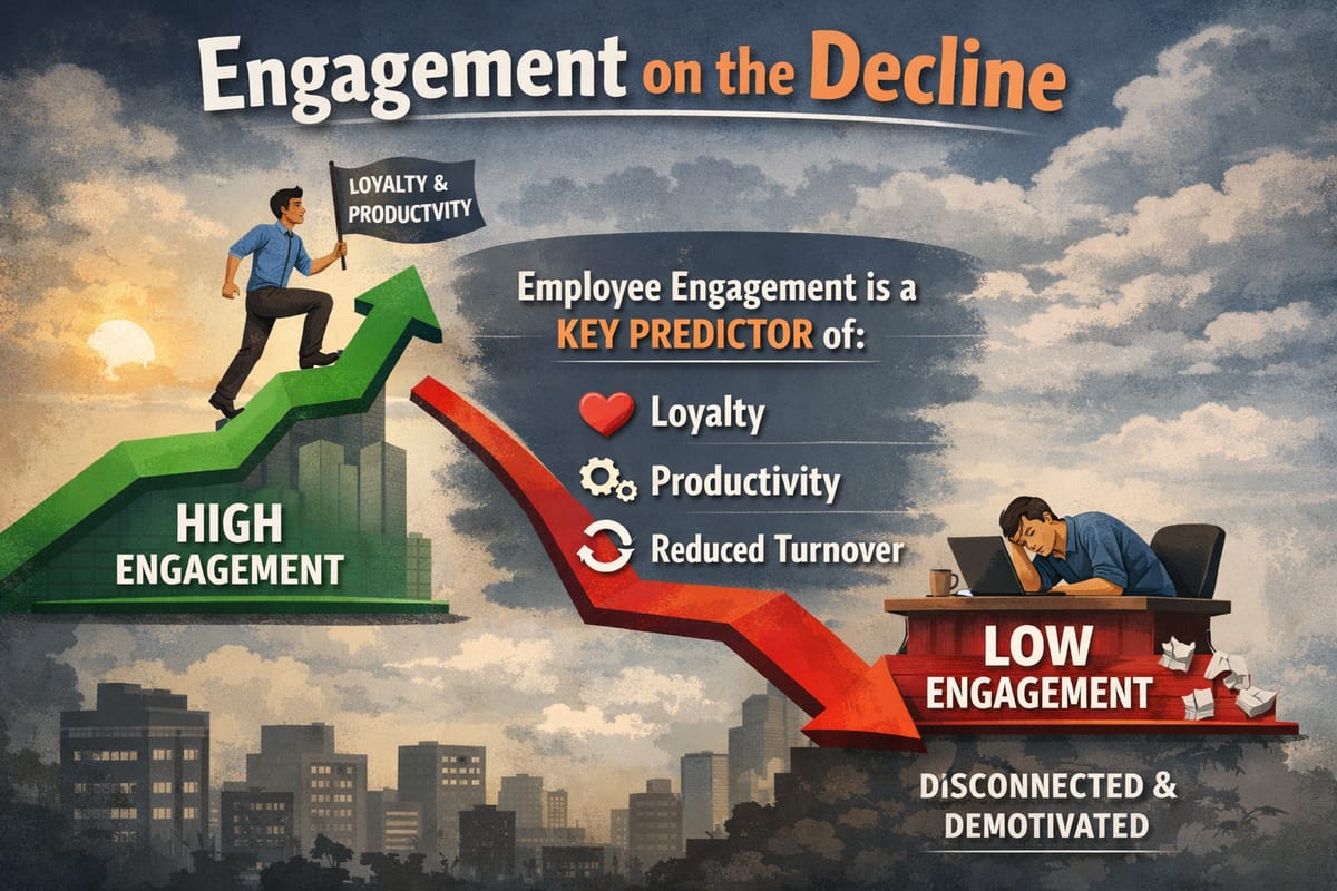 Employee engagement infographic contrasting high vs low engagement impact on loyalty, productivity, and turnover in business.
