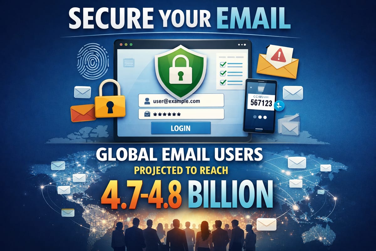 Secure email login interface with 2FA authentication for 4.7-4.8 billion global users in 2026