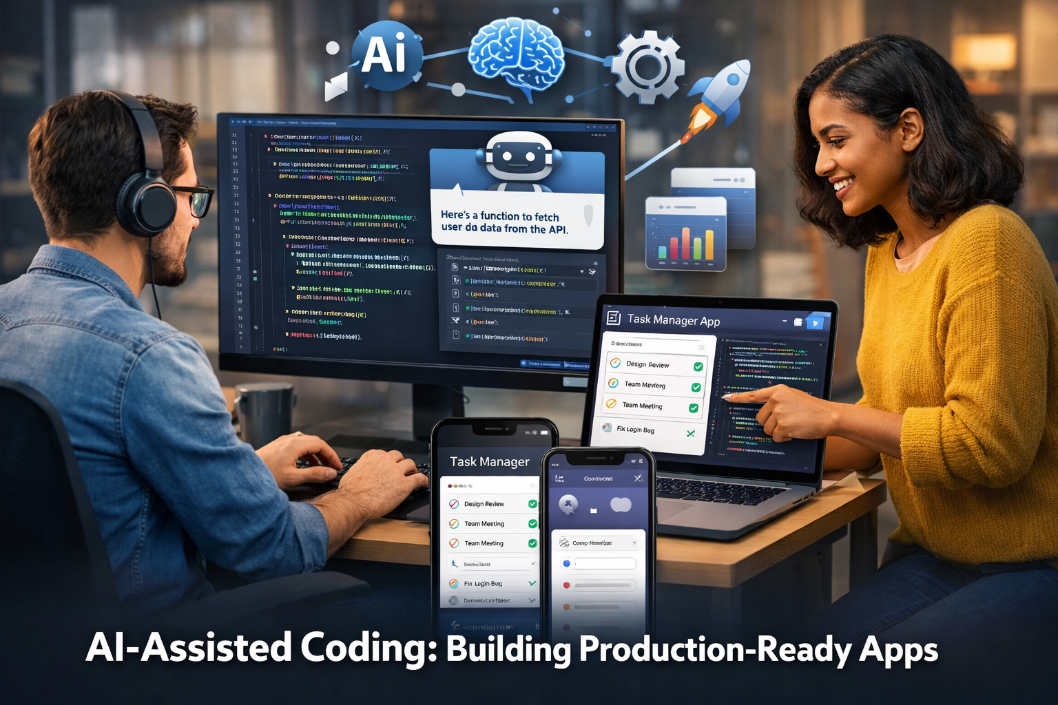 Two developers collaborating on AI-assisted coding projects, building production-ready apps with Claude Code and task mana...