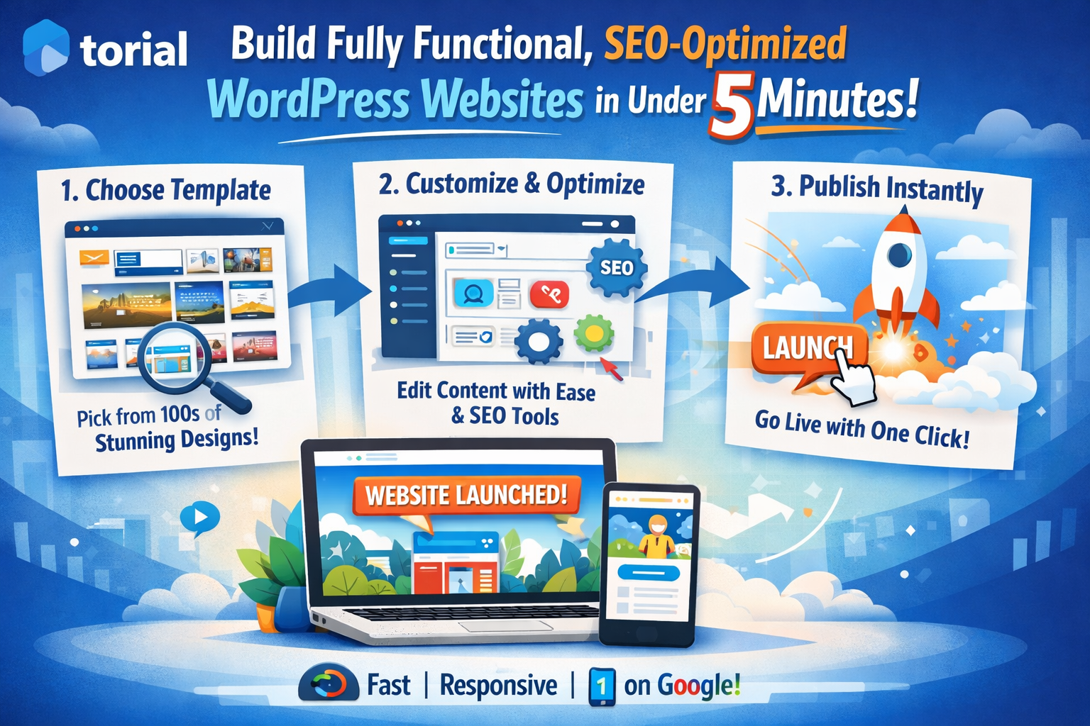 Torial WordPress website builder: 3-step process to create SEO-optimized sites in 5 minutes with templates, customization,...