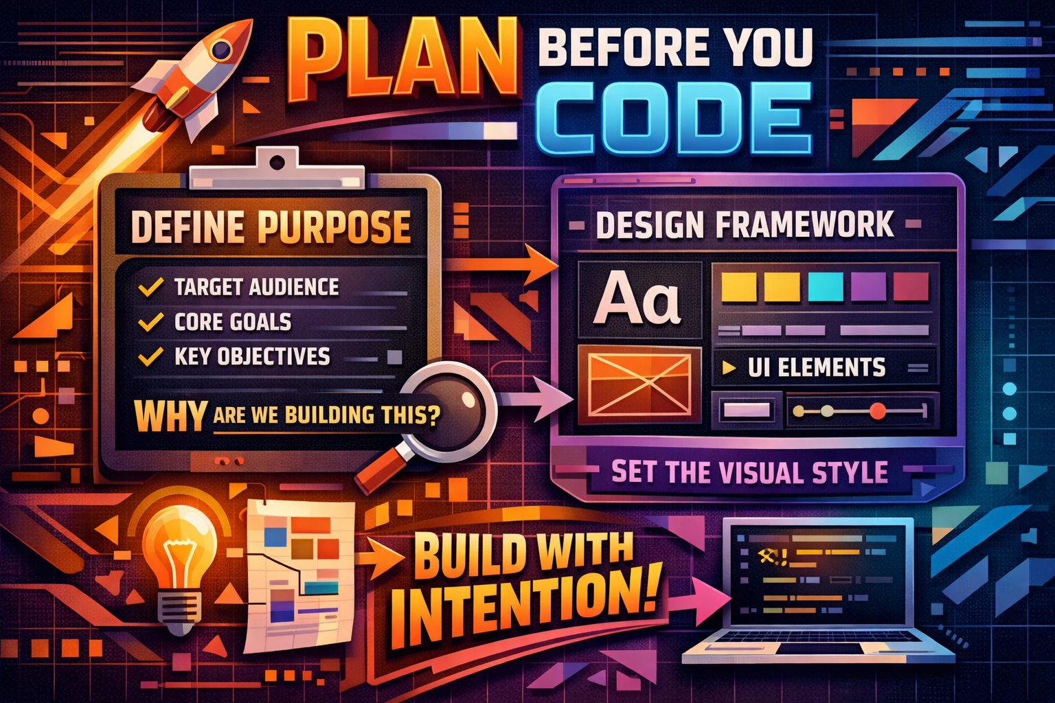 Plan before you code: define purpose, design framework, set visual style, build with intention for frontend development.