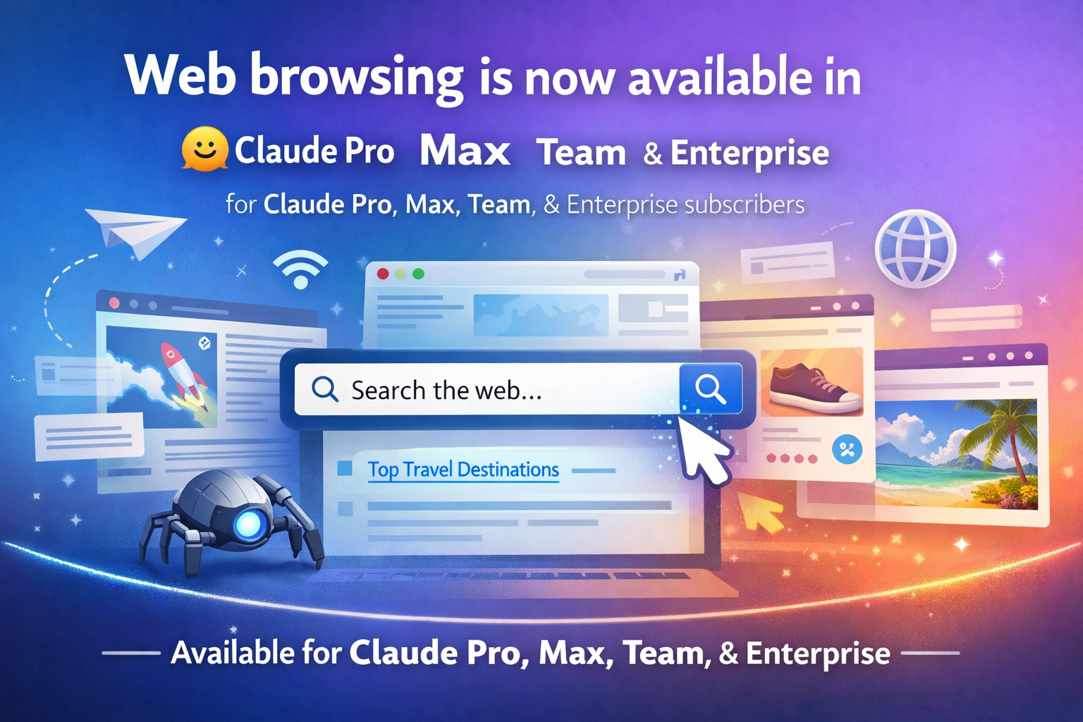 Web browsing feature announcement for Claude Pro, Max, Team & Enterprise AI models with search interface and website previ...
