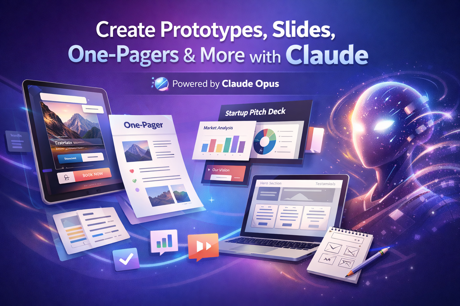 Claude AI design tool creating prototypes, slides, one-pagers and pitch decks on multiple devices with analytics.