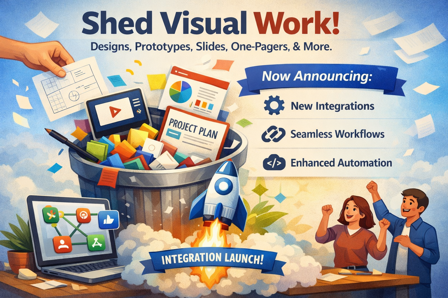Shed Visual Work integration launch announcement featuring design tools, prototypes, workflows, automation, and collaborat...