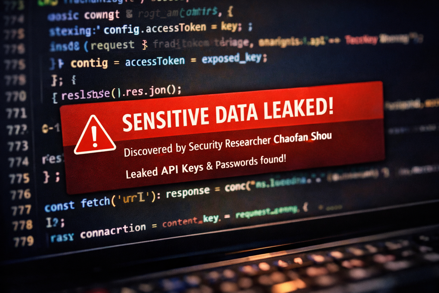 Security alert banner showing leaked API keys and passwords in source code on screen, discovered by researcher Chaofan Shou.