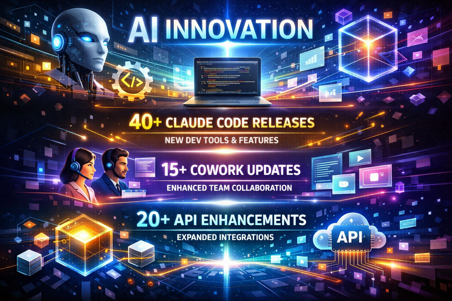 AI Innovation infographic showing 40+ Claude code releases, 15+ Cowork updates, and 20+ API enhancements for developers.