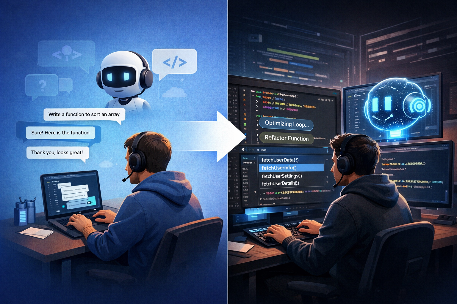AI assistant helping developer with code refactoring in multi-session desktop environment with real-time optimization.