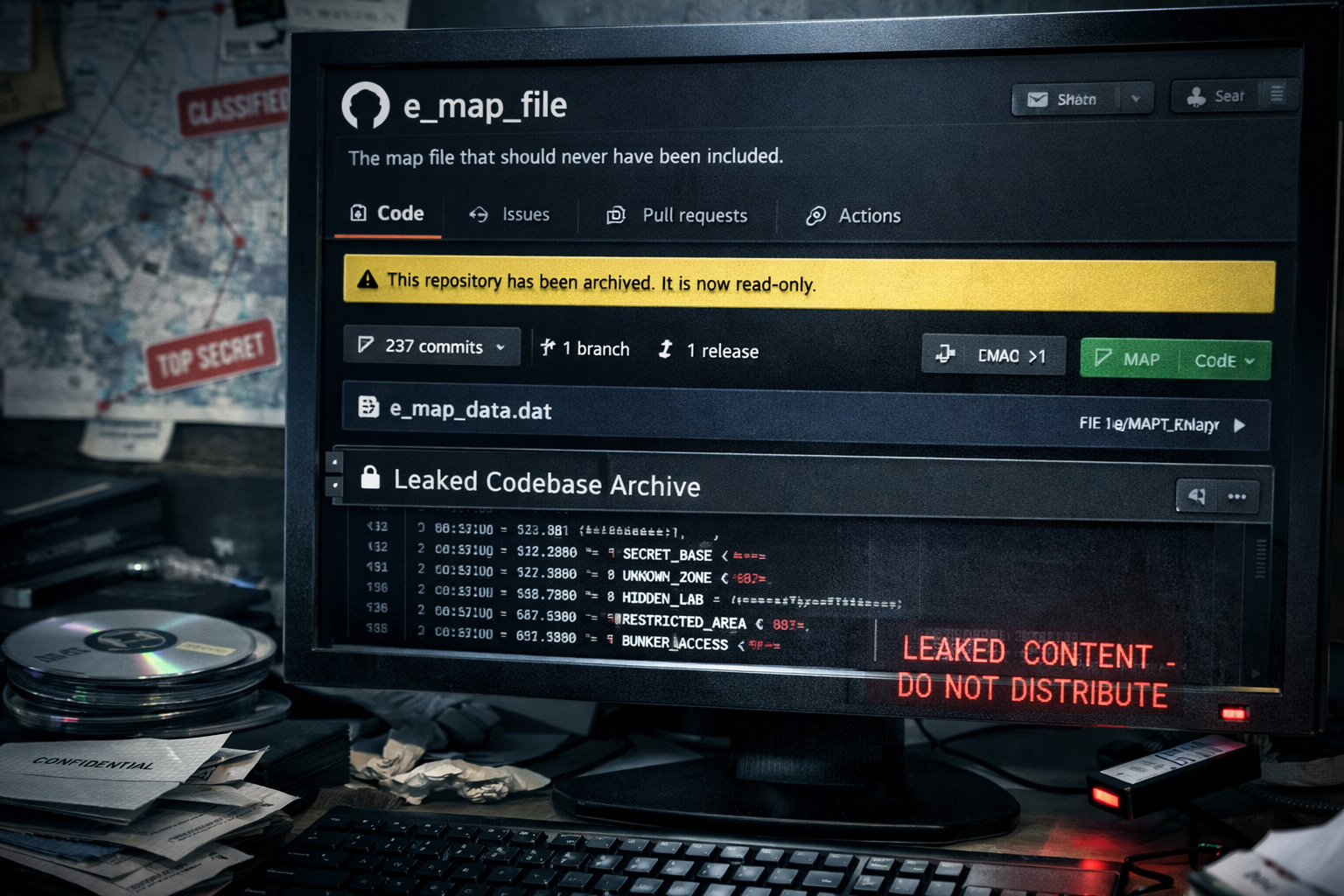 GitHub repository displaying leaked Claude codebase archive with sensitive map file and restricted area data exposed.