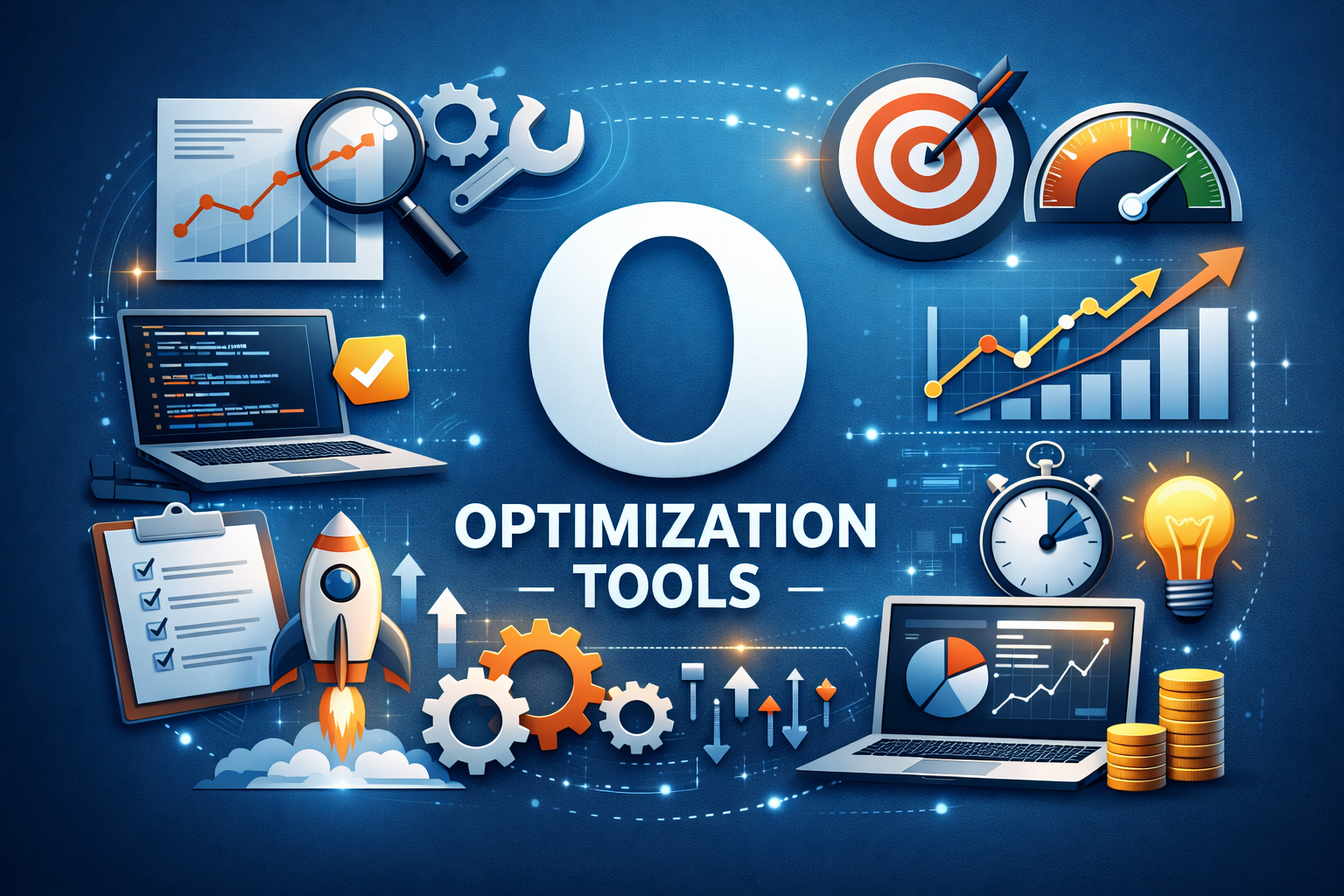Optimization tools dashboard with analytics, targets, performance metrics, and growth charts on blue background.