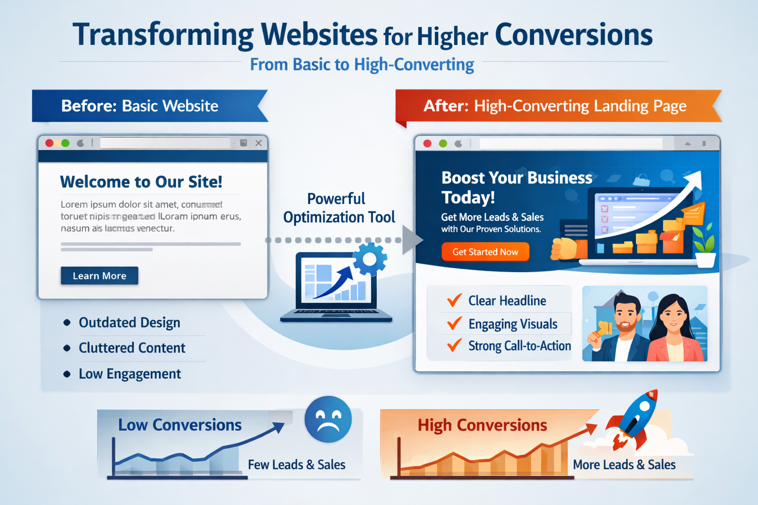 Before and after website transformation showing basic vs high-converting landing page design with optimization tools for i...