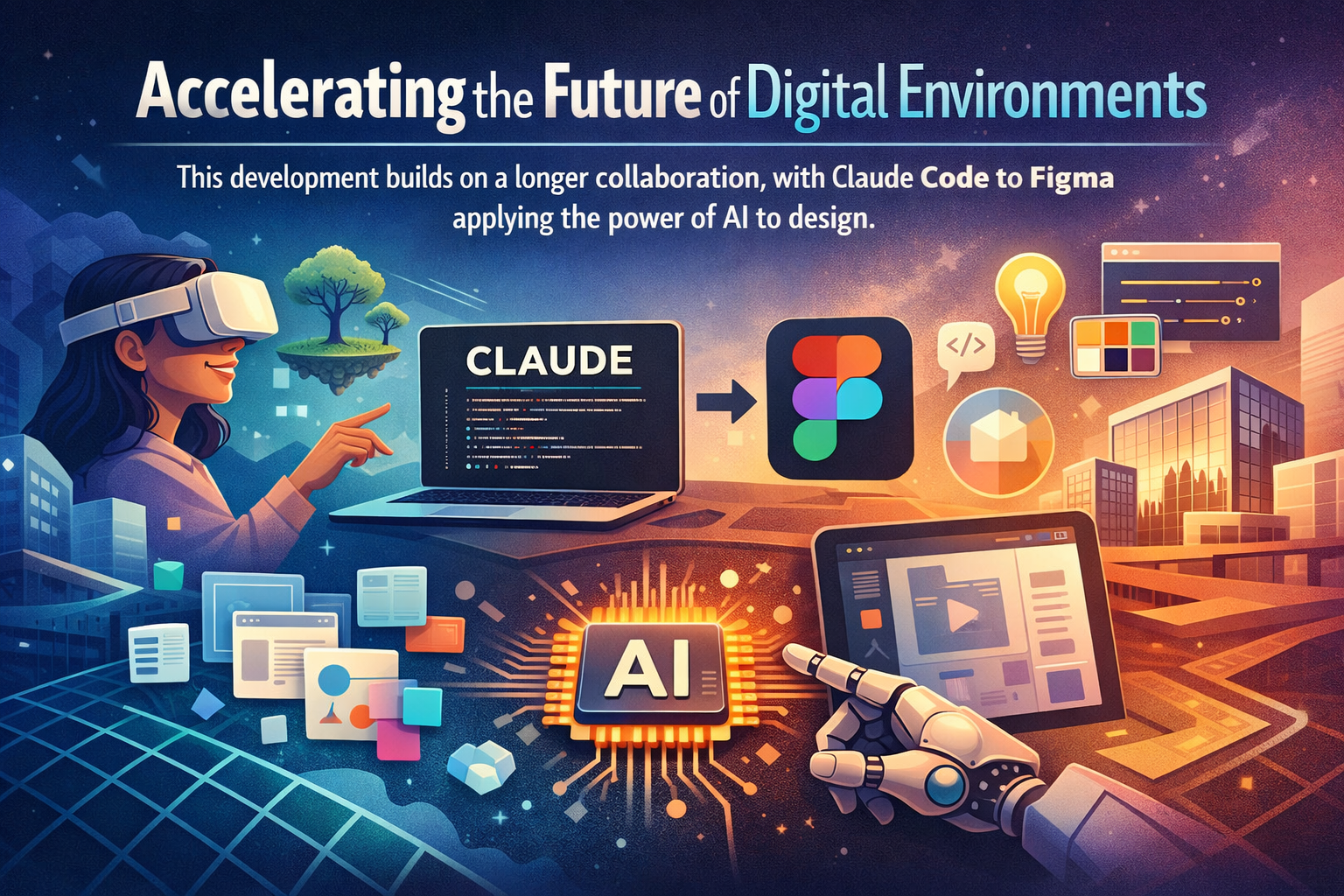 Claude AI to Figma integration for digital design, showing VR user, code editor, and AI-powered design tools workflow.
