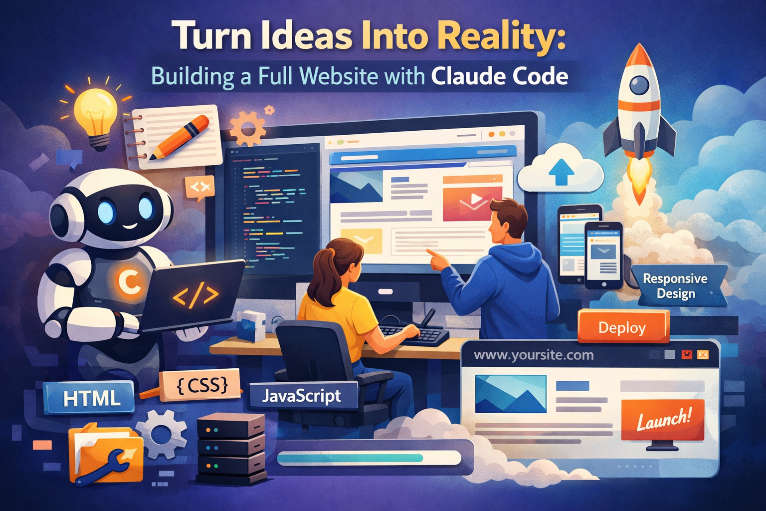 Claude Code website builder illustration with AI robot, developers, HTML CSS JavaScript code, responsive design, and deplo...