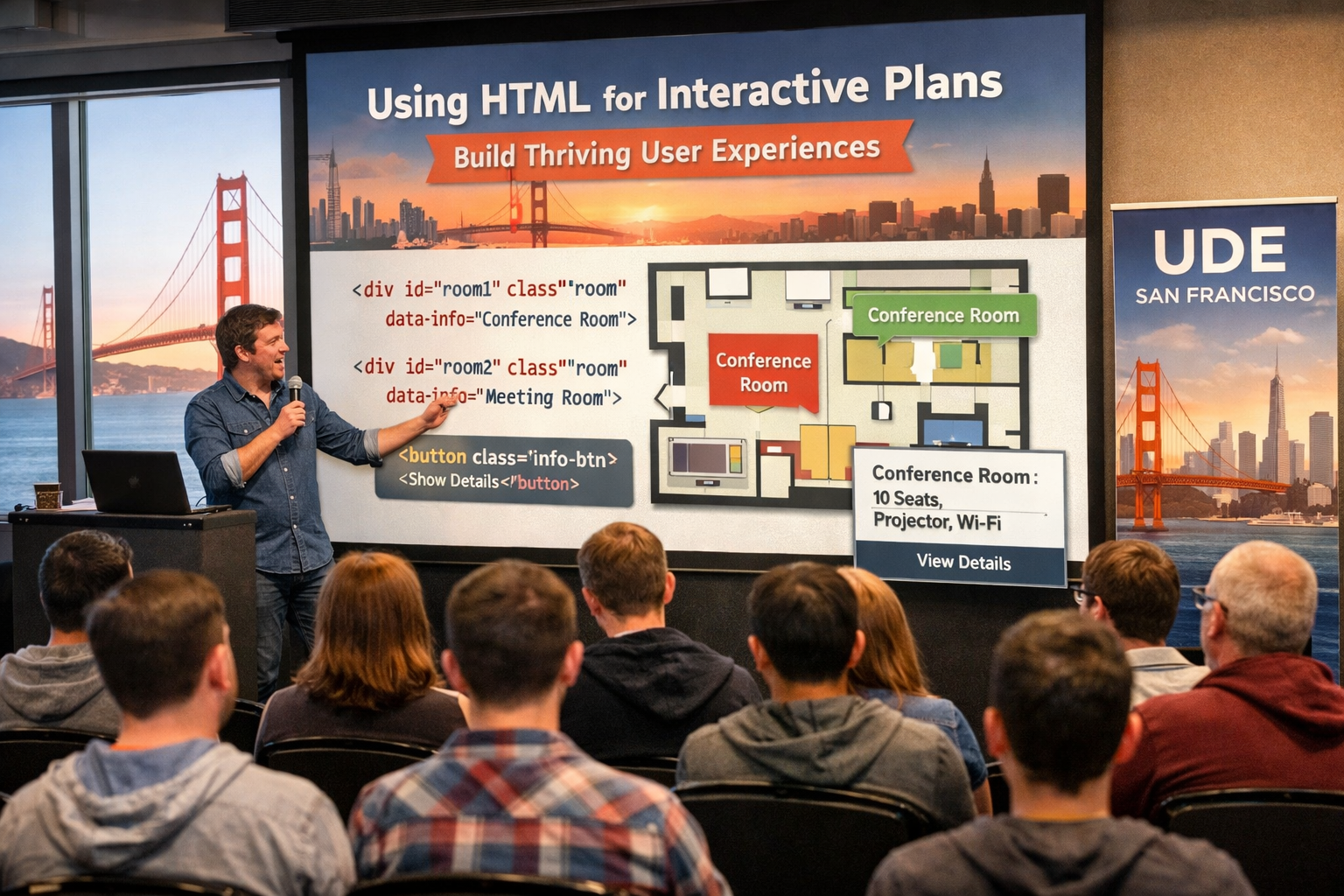 Developer presenting HTML interactive floor plan interface at UDE San Francisco conference on user experience design