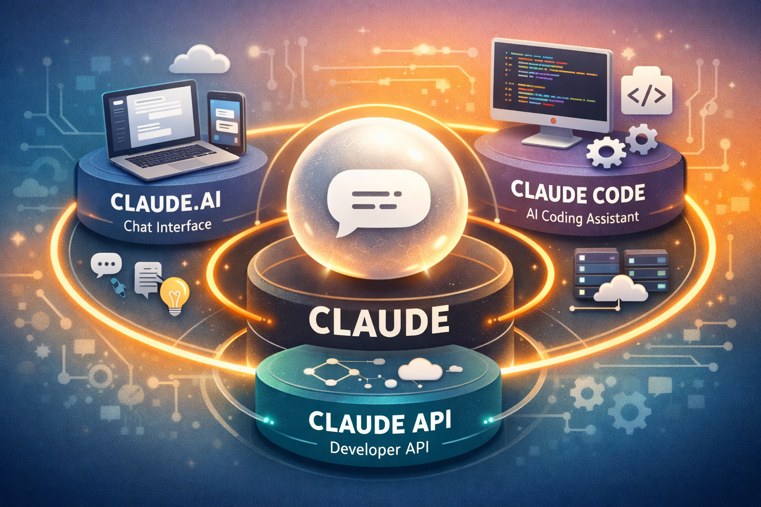 Claude AI ecosystem diagram showing Claude.AI chat interface, Claude Code coding assistant, and Claude API developer platf...