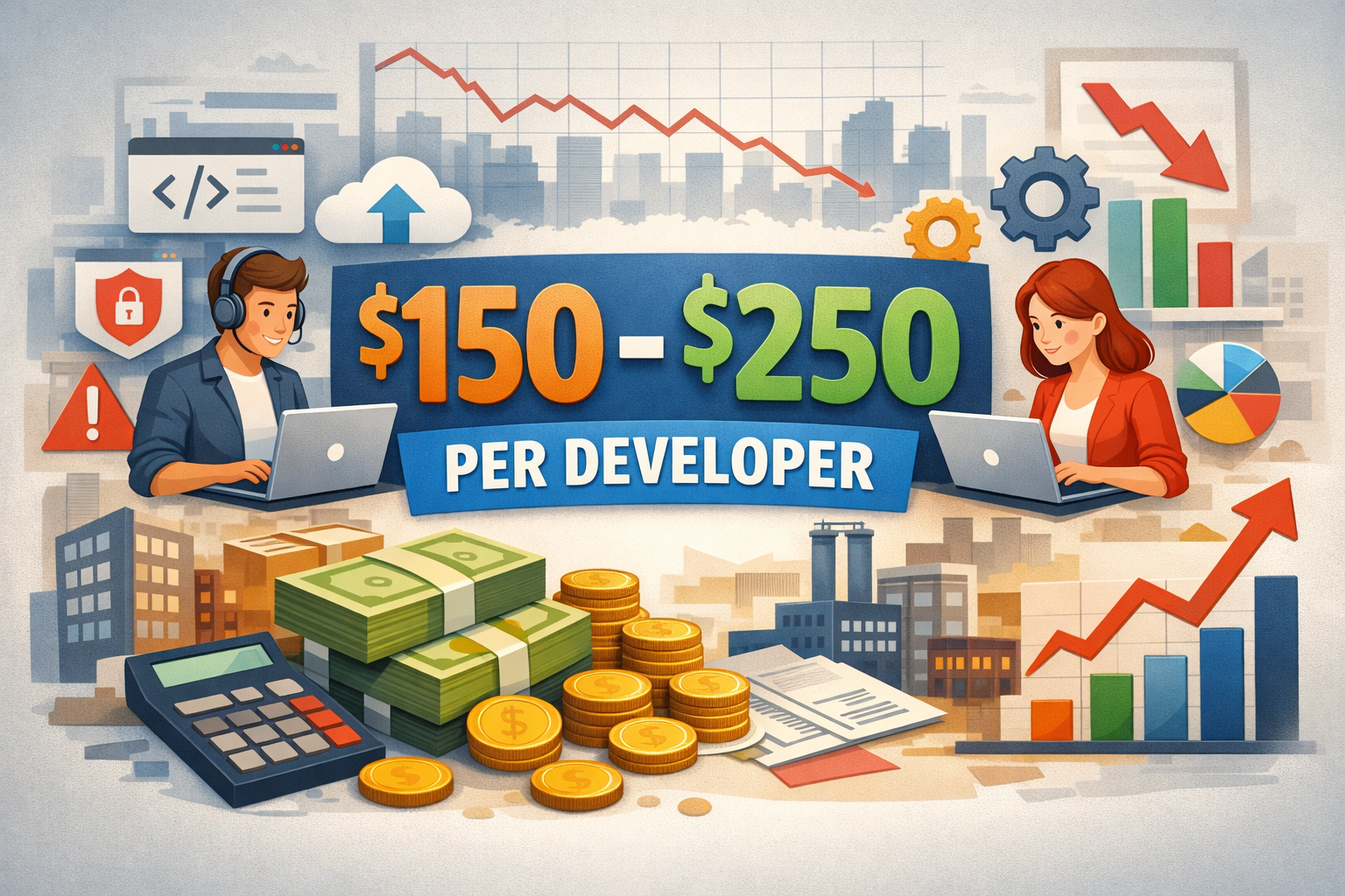 Developer cost pricing graphic showing $150-$250 per developer rate with money, charts, and business professionals.