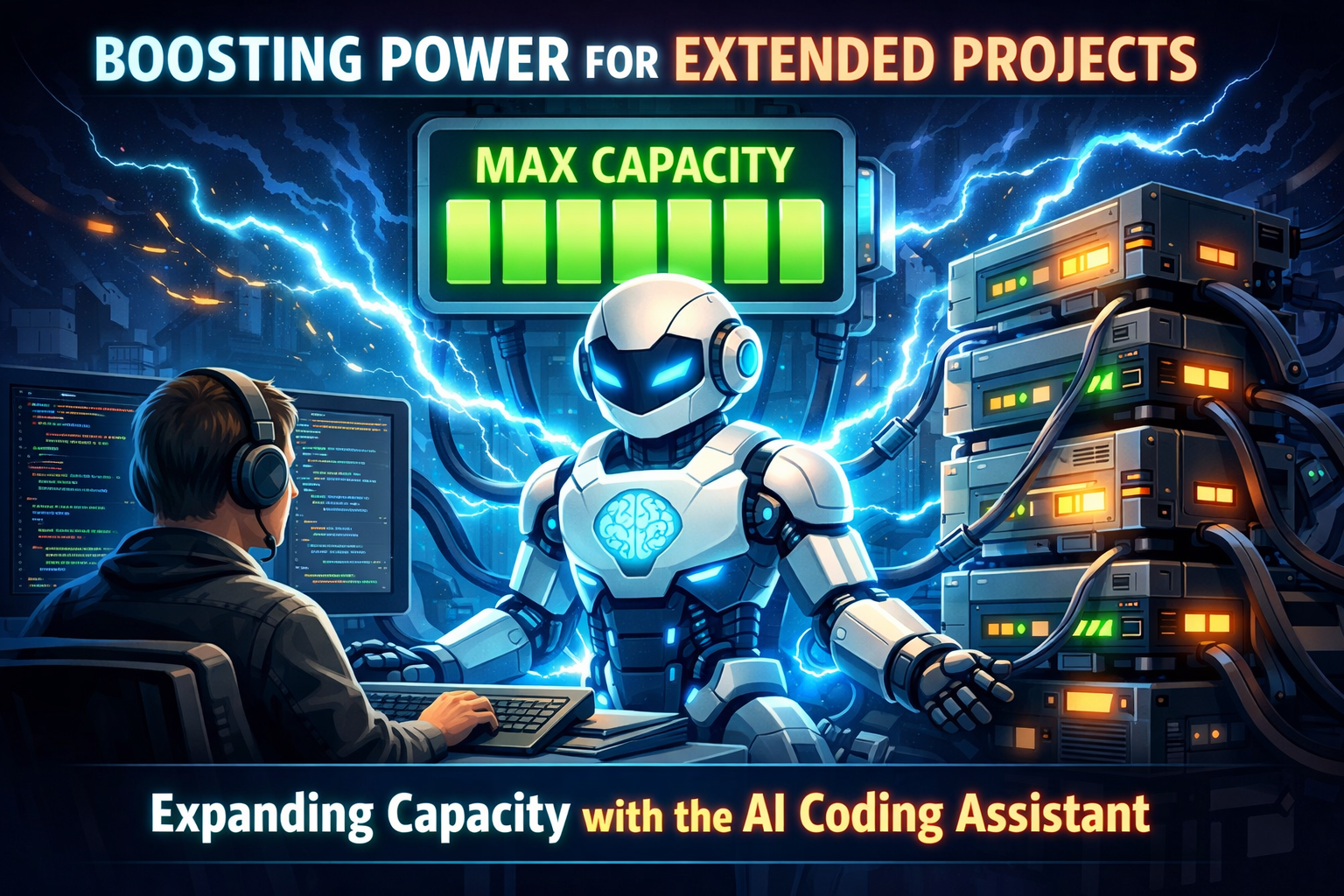AI coding assistant boosting project capacity with expanded power and maximum performance for extended development sessions.