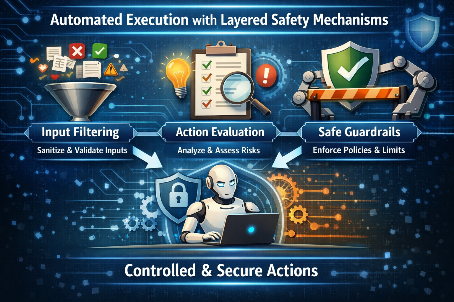 Layered safety mechanisms for automated execution: input filtering, action evaluation, and safe guardrails protecting AI a...