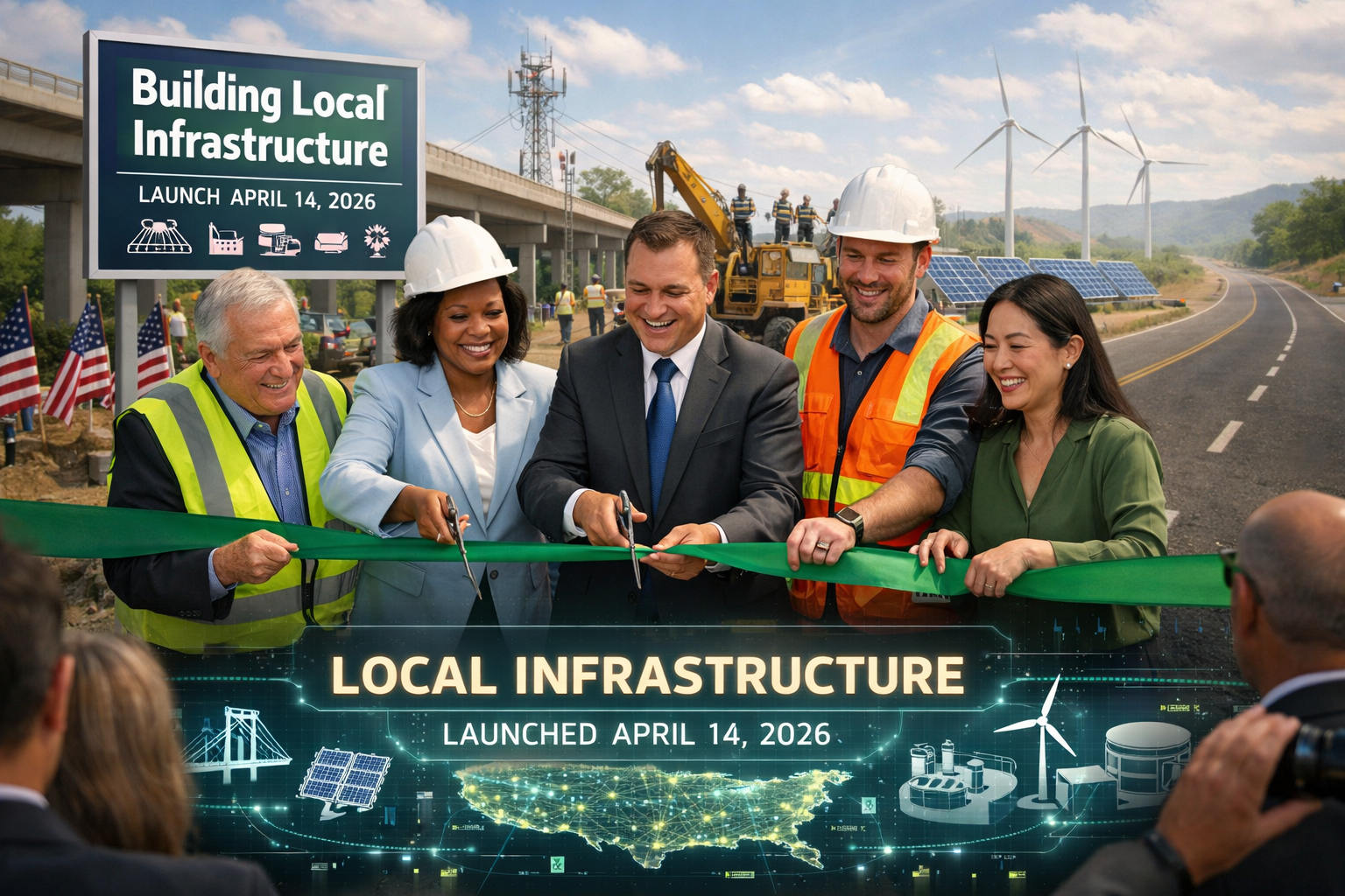 Local infrastructure project ribbon cutting ceremony with officials and construction workers, April 14, 2026 launch event.