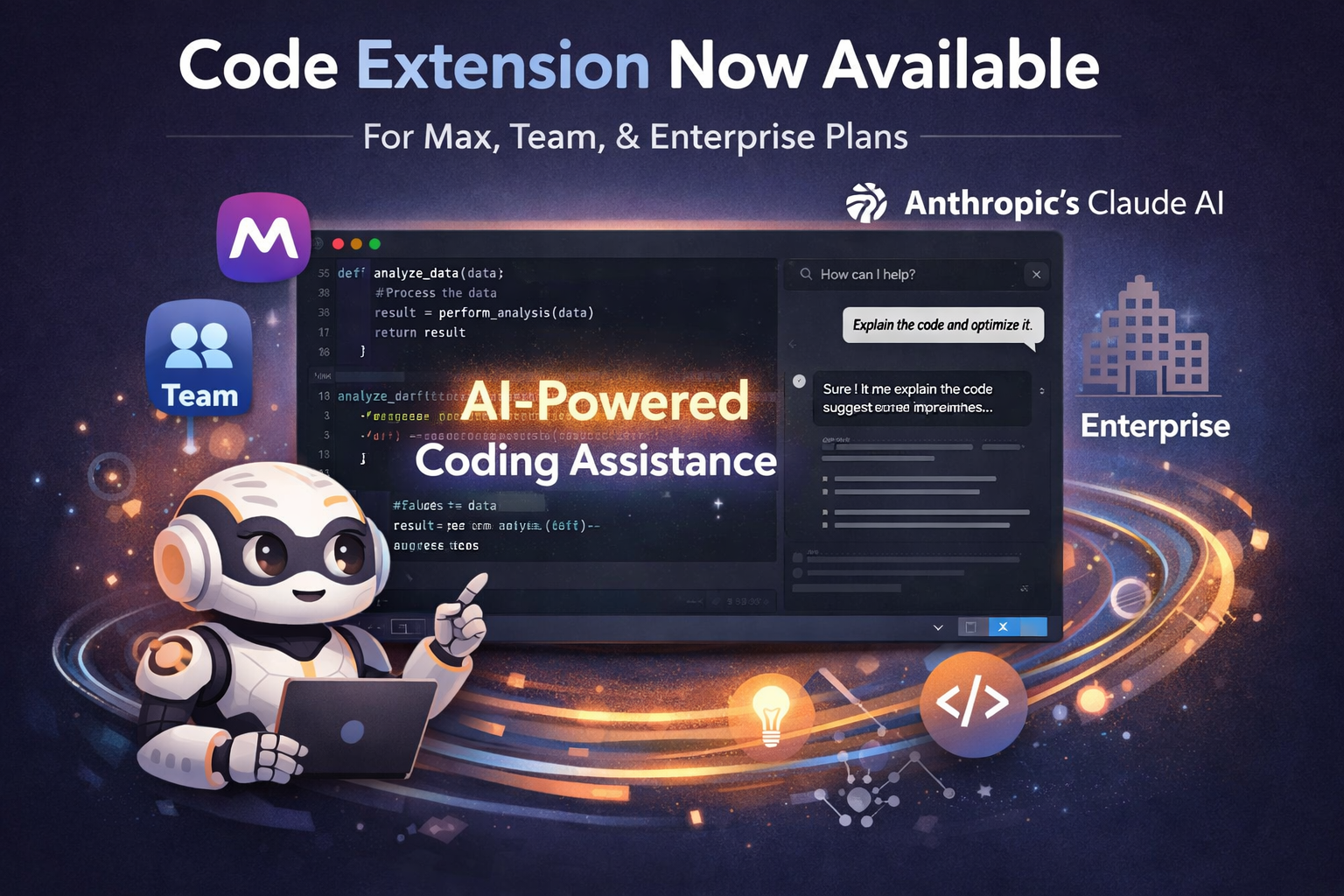 Claude AI code extension now available for Max, Team, and Enterprise plans with AI-powered coding assistance feature.
