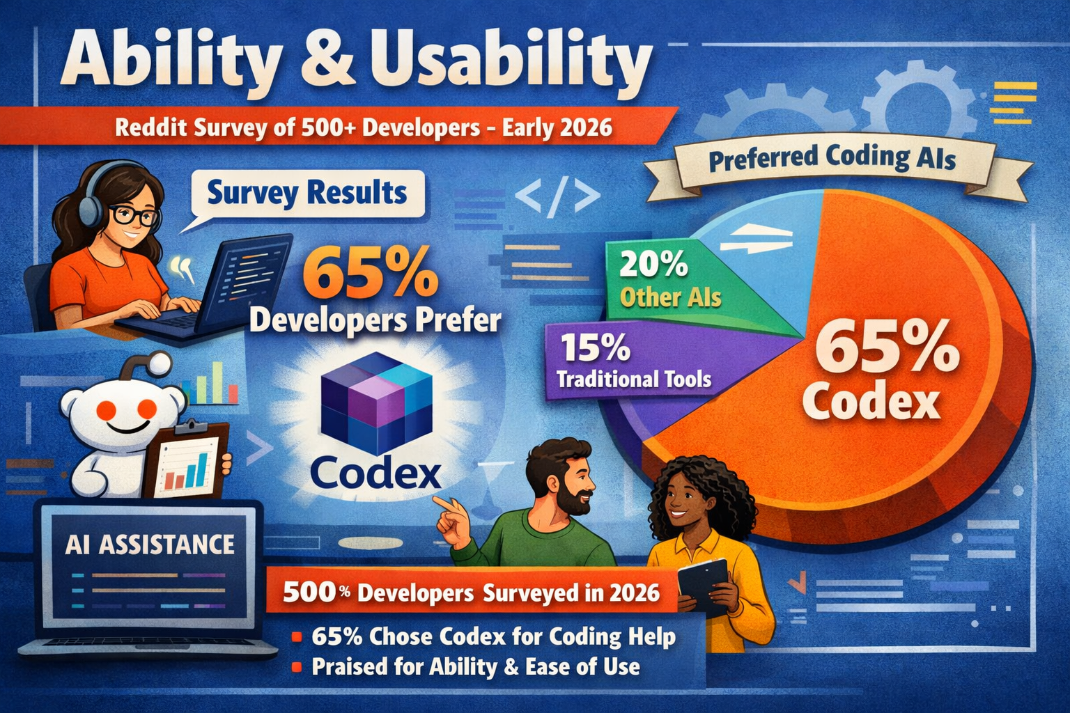Reddit survey showing 65% of 500+ developers prefer Codex AI for coding assistance over traditional tools and other AI sol...