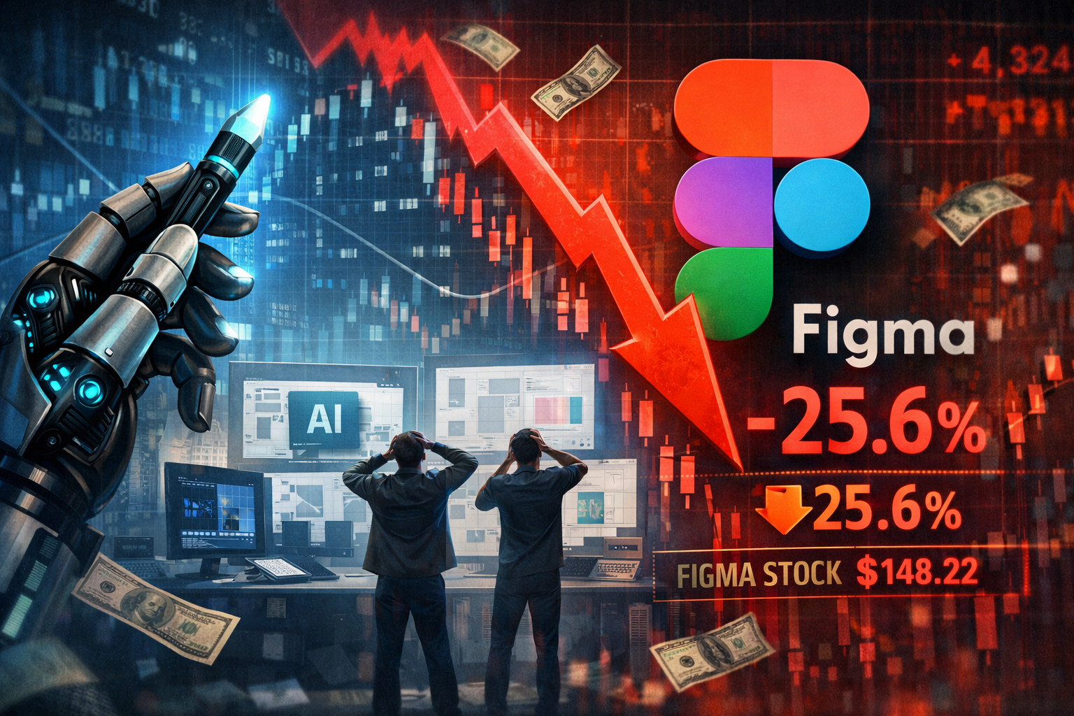 Figma stock crash visualization showing 25.6% decline with AI design tools impact on no-code prototyping market