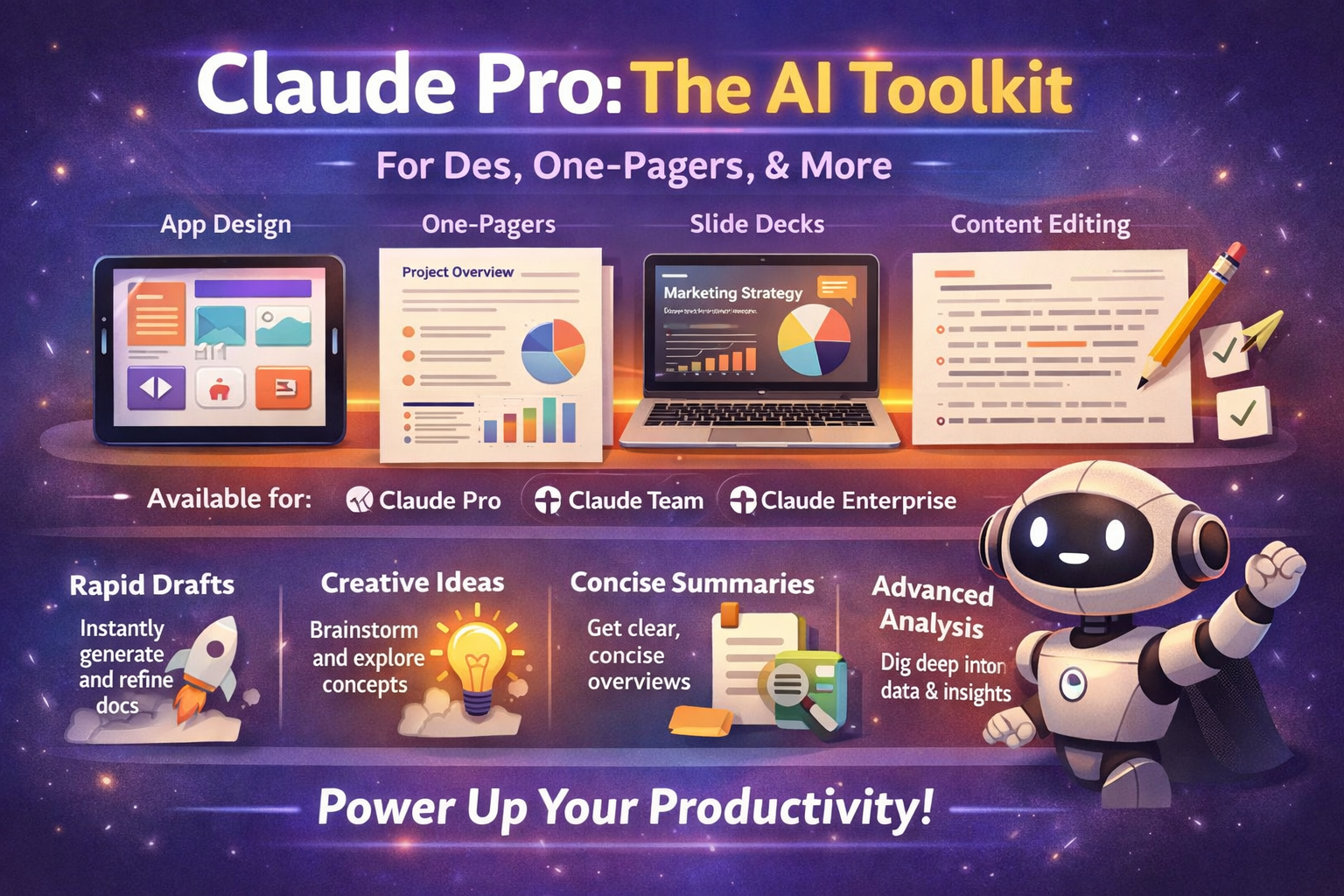 Claude Pro AI Toolkit for app design, one-pagers, slide decks, and content editing with productivity features.