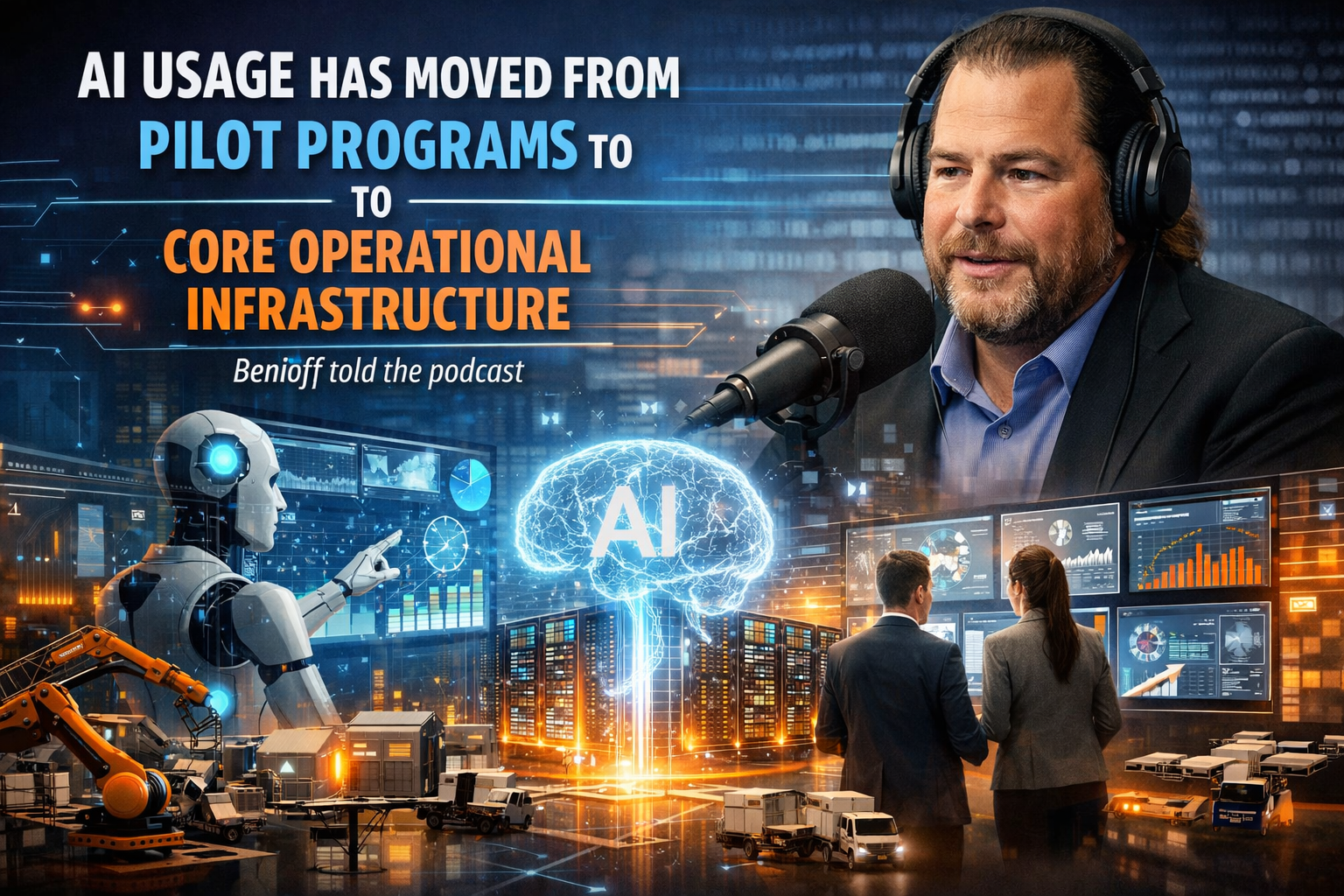 Benioff discusses AI infrastructure investment on podcast with futuristic AI brain visualization and digital workspace