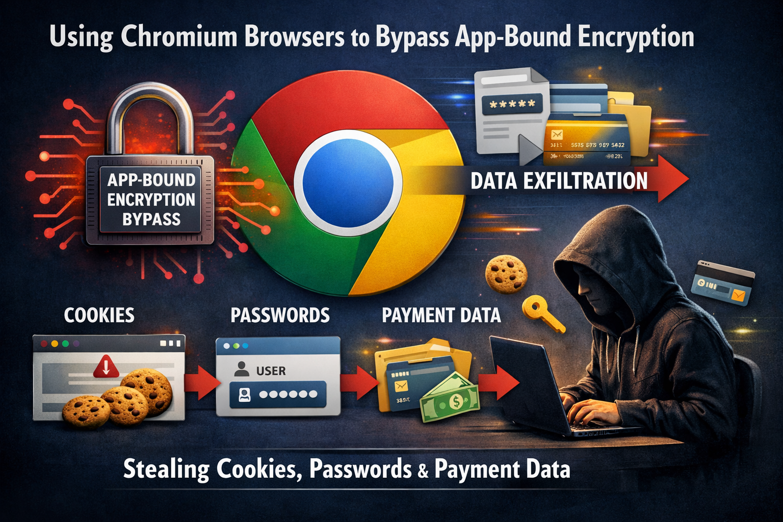 Chromium browser bypassing app-bound encryption to steal cookies, passwords, and payment data from users.