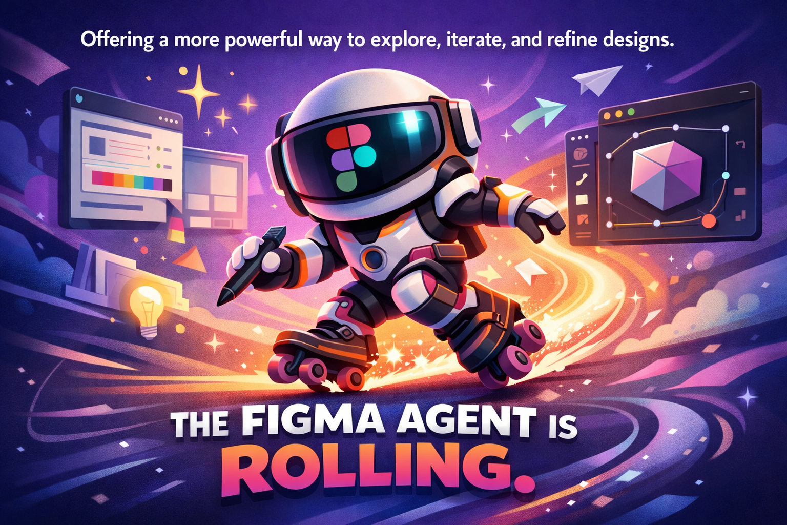 Figma AI agent robot designer tool with VR headset surrounded by design interfaces and creative elements