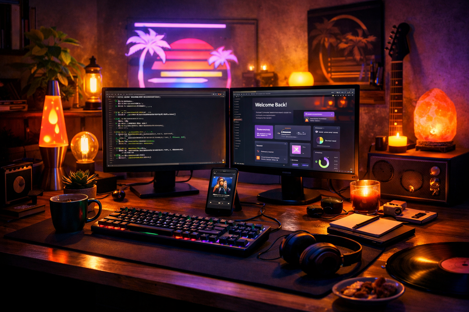 Developer workspace with dual monitors showing code editor and dashboard, gaming setup with RGB keyboard and headphones in...