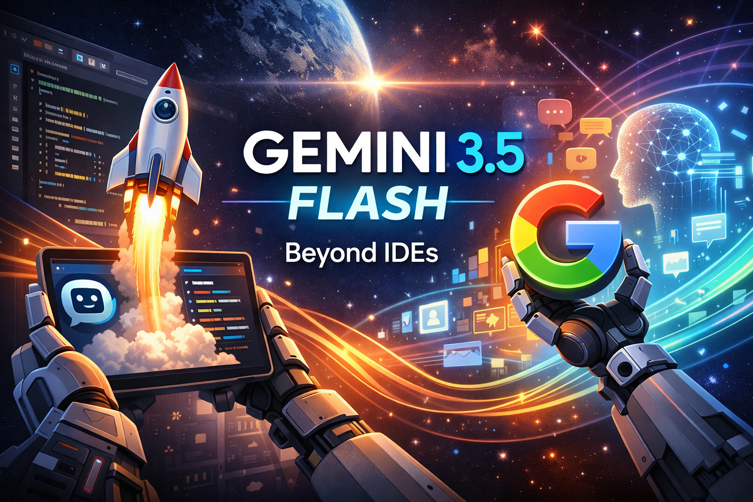 Gemini 3.5 Flash AI model with rocket launch, Google logo, and agent-first technology visualization beyond IDEs.