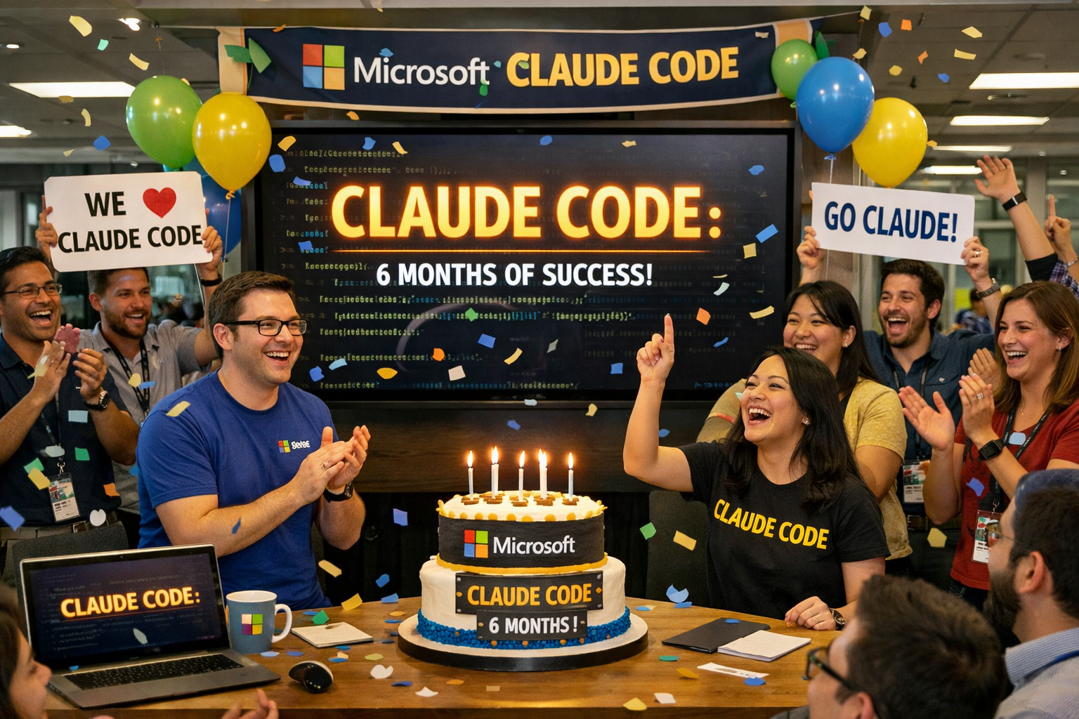 Microsoft team celebrates Claude Code 6-month milestone with cake and confetti in office gathering event.