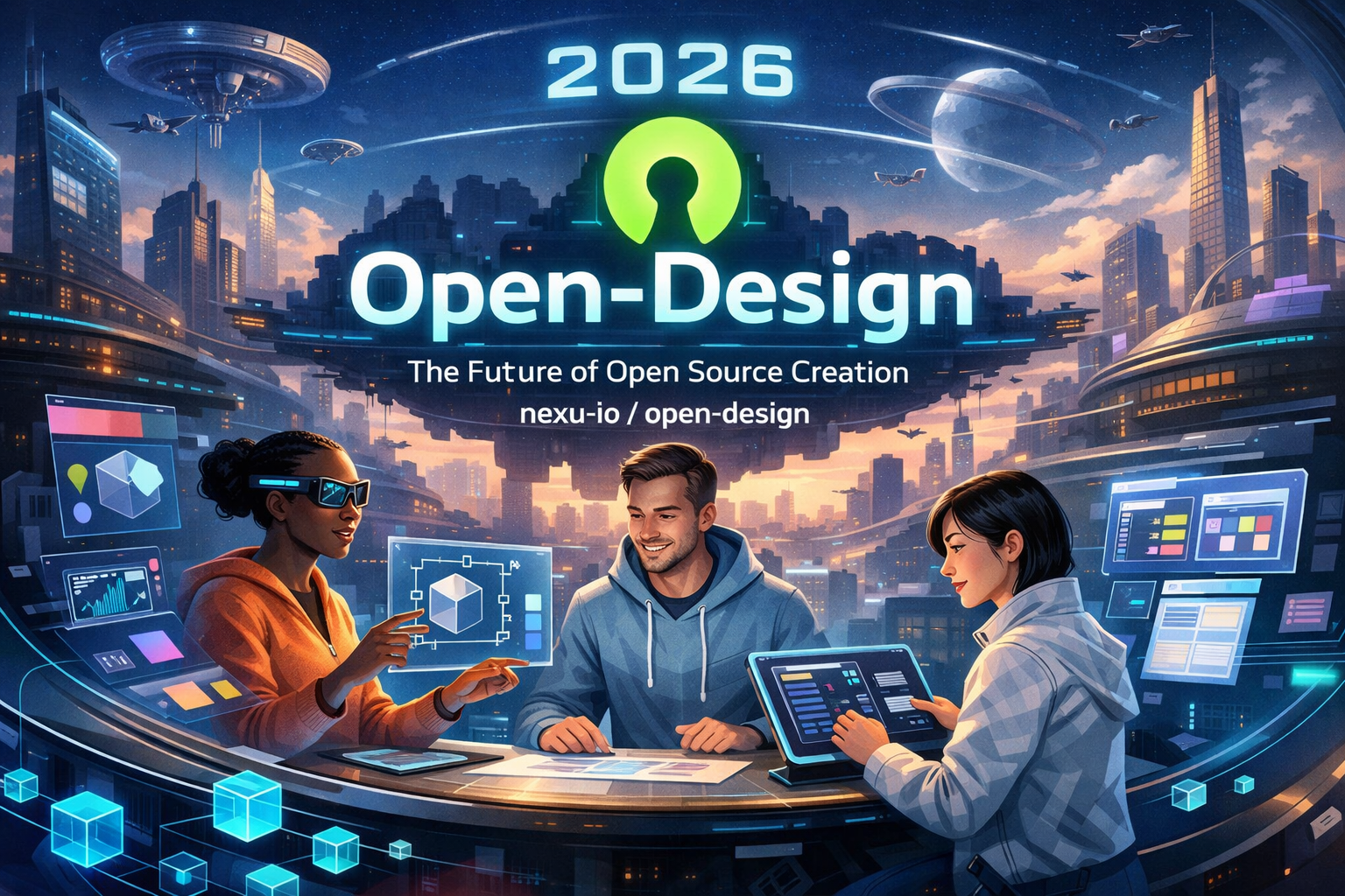 Open-Design 2026 futuristic workspace: three developers collaborating on open source creation with AI tools and holographi...